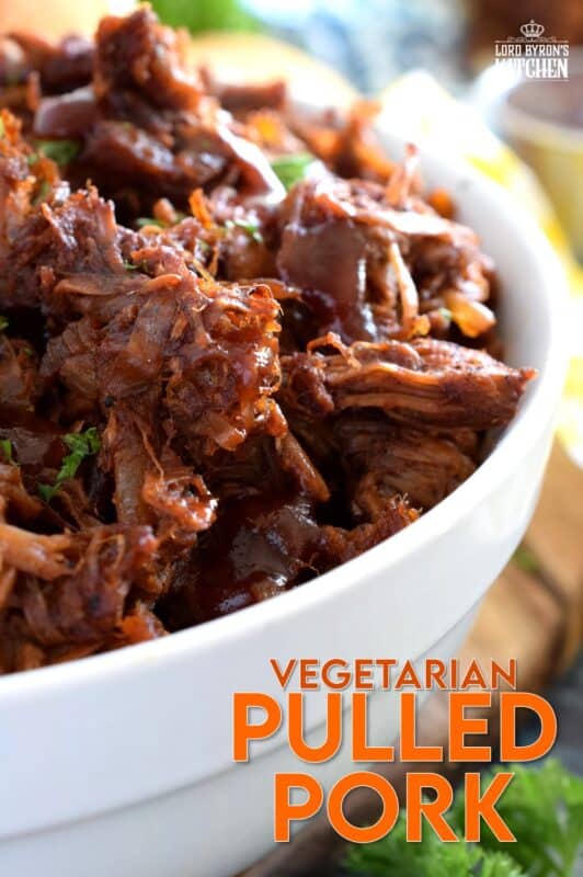 Pulled Pork can now be enjoyed by everyone! Vegetarian Pulled Pork is about as close to the real thing as you're ever going to get! Look at those fibers; doesn't it look like real meat? Unlike real pulled pork, this vegetarian version is much cheaper and takes only 40 minutes from start to finish! #pork #jackfruit #vegetarian #pulledpork