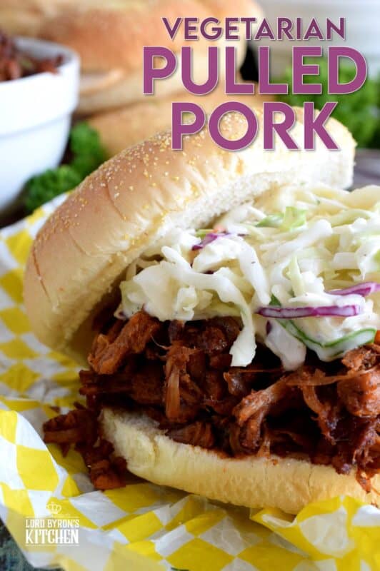 Pulled Pork can now be enjoyed by everyone! Vegetarian Pulled Pork is about as close to the real thing as you're ever going to get! Look at those fibers; doesn't it look like real meat? Unlike real pulled pork, this vegetarian version is much cheaper and takes only 40 minutes from start to finish! #pork #jackfruit #vegetarian #pulledpork