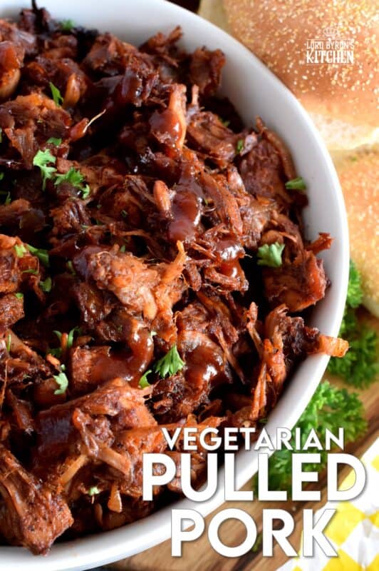 Pulled Pork can now be enjoyed by everyone! Vegetarian Pulled Pork is about as close to the real thing as you're ever going to get! Look at those fibers; doesn't it look like real meat? Unlike real pulled pork, this vegetarian version is much cheaper and takes only 40 minutes from start to finish! #pork #jackfruit #vegetarian #pulledpork