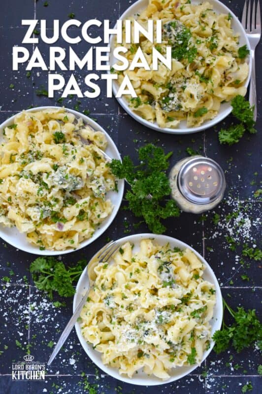 Perfectly cooked pasta is tossed with shredded zucchini that has been sauteed in butter with garlic, shallots, and chilies. Topped with loads of fresh parmesan and your choice of herbs, Zucchini Parmesan Pasta is a quick and easy meal perfect for a family dinner or a meal for one while sitting on the couch with a movie! #zucchini #parmesan #pasta #vegetarian