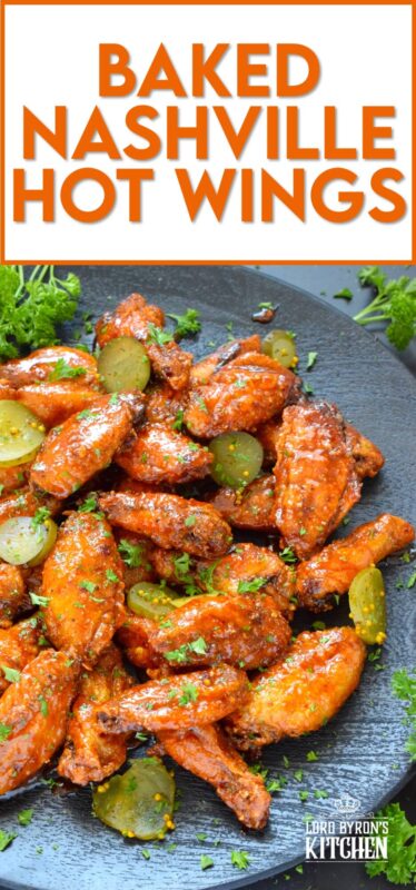 Baked to perfection with a crispy coating and a tender and juicy interior, these wings are drenched in a hot sauce comprised of cayenne, chili, garlic, onion, and melted butter, Baked Nashville Hot Wings also have an optionally sweet honey component! Plate these wings with sweet pickle slices for a cooling crunch! #baked #nashville #hot #chicken #wings #sticky