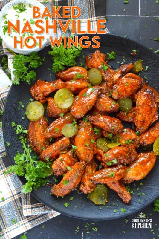 Baked to perfection with a crispy coating and a tender and juicy interior, these wings are drenched in a hot sauce comprised of cayenne, chili, garlic, onion, and melted butter, Baked Nashville Hot Wings also have an optionally sweet honey component! Plate these wings with sweet pickle slices for a cooling crunch! #baked #nashville #hot #chicken #wings #sticky