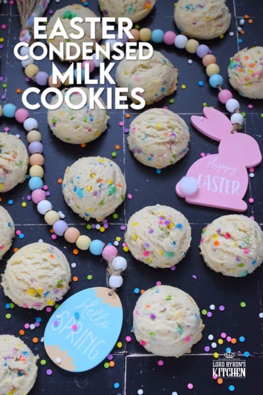There is no better time to bake a cookie that is packed with sprinkles and chocolates than Easter! This Easter Condensed Milk Cookie is very easy to make and requires only five common pantry ingredients in addition to the sprinkles and chocolate. They are puffy, light, airy, and delicious! #easter #cookies #cadbury #minieggs #chocolate #sprinkles