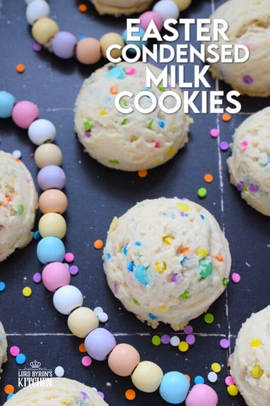 There is no better time to bake a cookie that is packed with sprinkles and chocolates than Easter! This Easter Condensed Milk Cookie is very easy to make and requires only five common pantry ingredients in addition to the sprinkles and chocolate. They are puffy, light, airy, and delicious! #easter #cookies #cadbury #minieggs #chocolate #sprinkles