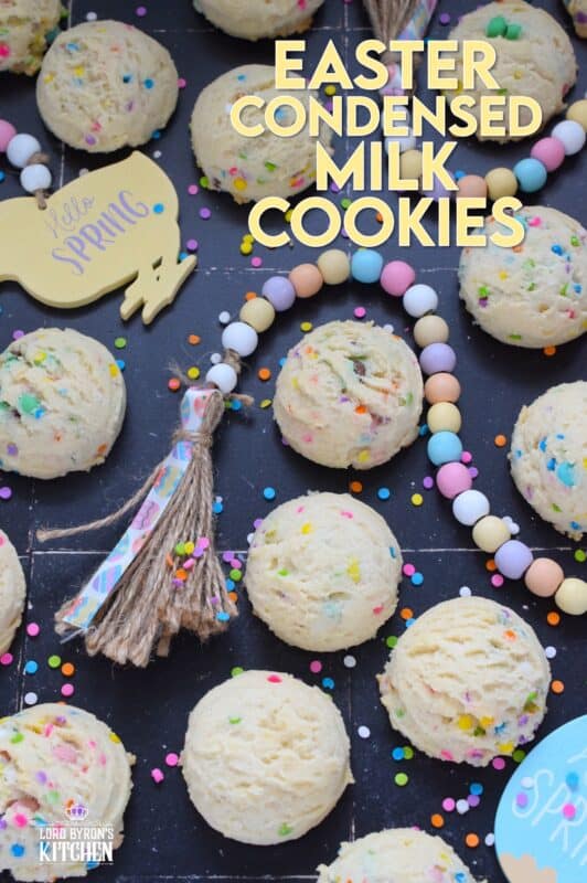 There is no better time to bake a cookie that is packed with sprinkles and chocolates than Easter! This Easter Condensed Milk Cookie is very easy to make and requires only five common pantry ingredients in addition to the sprinkles and chocolate. They are puffy, light, airy, and delicious! #easter #cookies #cadbury #minieggs #chocolate #sprinkles