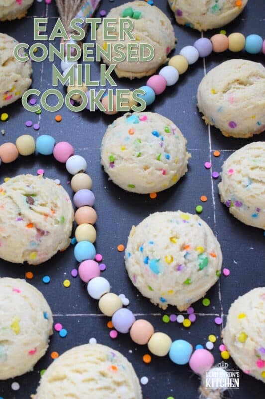 There is no better time to bake a cookie that is packed with sprinkles and chocolates than Easter! This Easter Condensed Milk Cookie is very easy to make and requires only five common pantry ingredients in addition to the sprinkles and chocolate. They are puffy, light, airy, and delicious! #easter #cookies #cadbury #minieggs #chocolate #sprinkles