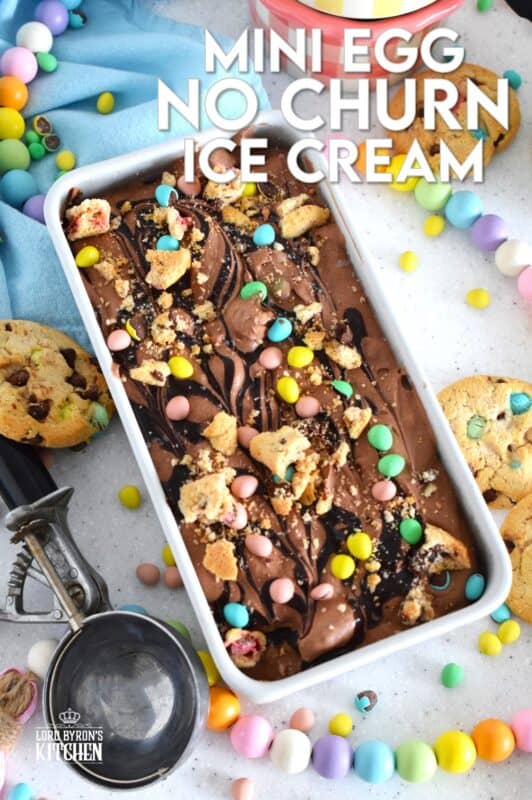 Developed with the chocolate mini egg enthusiast in mind, this no churn ice cream is so quick and easy to prepare! Smooth and velvety, flavoured and enriched with good cocoa, this ice cream is loaded with Cadbury Easter chocolate eggs, crumbled chocolate cookies, and even a chocolate syrup drizzle! #nochurn #icecream #minieggs #easter #cadbury