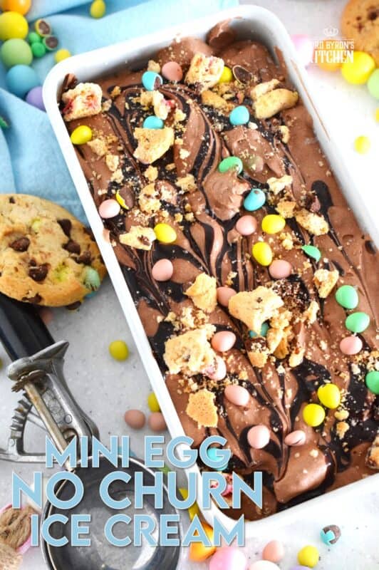 Developed with the chocolate mini egg enthusiast in mind, this no churn ice cream is so quick and easy to prepare! Smooth and velvety, flavoured and enriched with good cocoa, this ice cream is loaded with Cadbury Easter chocolate eggs, crumbled chocolate cookies, and even a chocolate syrup drizzle! #nochurn #icecream #minieggs #easter #cadbury
