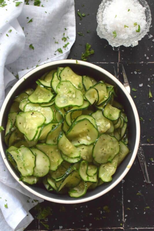 The combination of salt and vinegar is a classic and can be found in various snacks, especially as a topping and seasoning for fish and chips! Although those might be deemed junk food, one cannot say the same for this cucumber recipe! Salt and Vinegar Cucumber is such a refreshing and welcome change! Made with malt vinegar and sea salt, these cucumbers are a great side for almost any main! #salt #vinegar #malt #cucumber #side