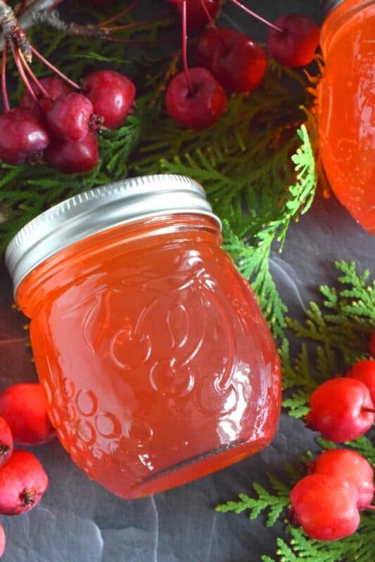 Easily transform those overly tart backyard crab apples into the most delicious Crab Apple Jelly! All you need are crab apples, water, and sugar! This jelly is sweet and tart and has a strong crab apple flavour. Go ahead, spoon it over everything! #crabapples #apple #jelly