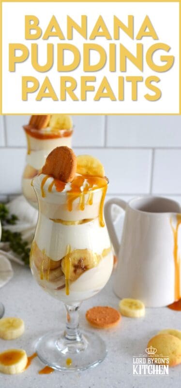Layers of vanilla wafer cookies, homemade mascarpone cream, banana pudding, and freshly sliced bananas, these parfaits are quick and easy to make! Serve them family style or fancy them up by serving them in these individual glasses. Top with whipped cream and an optional caramel drizzle. They're a feast for the eyes! #banana #pudding #parfait #nobake #layered #dessert