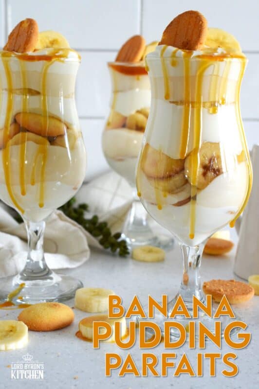 Layers of vanilla wafer cookies, homemade mascarpone cream, banana pudding, and freshly sliced bananas, these parfaits are quick and easy to make! Serve them family style or fancy them up by serving them in these individual glasses. Top with whipped cream and an optional caramel drizzle. They're a feast for the eyes! #banana #pudding #parfait #nobake #layered #dessert
