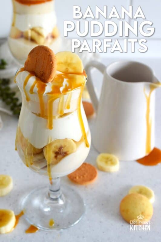 Layers of vanilla wafer cookies, homemade mascarpone cream, banana pudding, and freshly sliced bananas, these parfaits are quick and easy to make! Serve them family style or fancy them up by serving them in these individual glasses. Top with whipped cream and an optional caramel drizzle. They're a feast for the eyes! #banana #pudding #parfait #nobake #layered #dessert