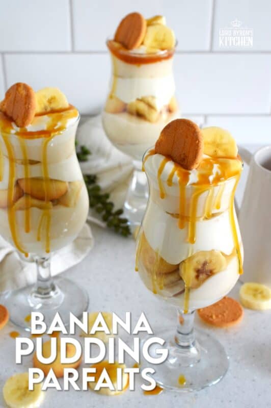 Layers of vanilla wafer cookies, homemade mascarpone cream, banana pudding, and freshly sliced bananas, these parfaits are quick and easy to make! Serve them family style or fancy them up by serving them in these individual glasses. Top with whipped cream and an optional caramel drizzle. They're a feast for the eyes! #banana #pudding #parfait #nobake #layered #dessert
