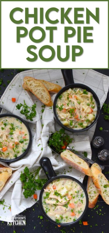 Chicken Pot Pie Soup is the ultimate comfort food. It's so easy to prepare and it's tremendously delicious! Sauteed onions, peas, carrots, garlic, and baked potatoes are smothered in a homemade creamy soup base with a generous amount of shredded cooked chicken. Serve this soup on its own or with some good crusty bread! #chicken #rotisserie #potpie #soup