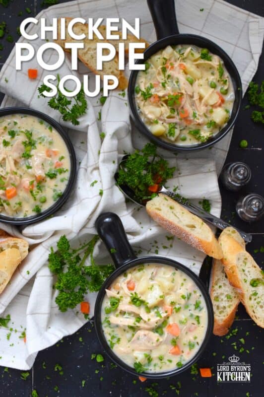 Chicken Pot Pie Soup is the ultimate comfort food. It's so easy to prepare and it's tremendously delicious! Sauteed onions, peas, carrots, garlic, and baked potatoes are smothered in a homemade creamy soup base with a generous amount of shredded cooked chicken. Serve this soup on its own or with some good crusty bread! #chicken #rotisserie #potpie #soup