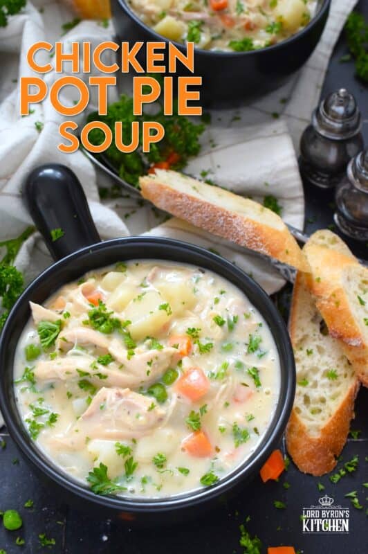 Chicken Pot Pie Soup is the ultimate comfort food. It's so easy to prepare and it's tremendously delicious! Sauteed onions, peas, carrots, garlic, and baked potatoes are smothered in a homemade creamy soup base with a generous amount of shredded cooked chicken. Serve this soup on its own or with some good crusty bread! #chicken #rotisserie #potpie #soup