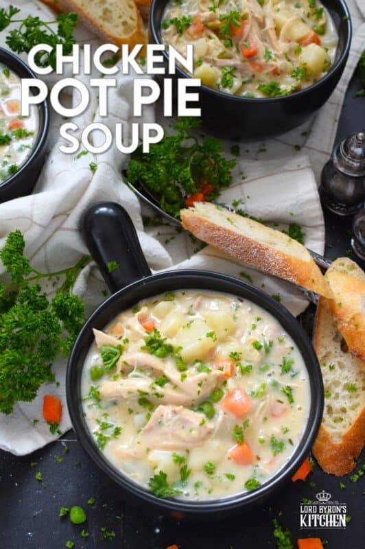 Chicken Pot Pie Soup is the ultimate comfort food. It's so easy to prepare and it's tremendously delicious! Sauteed onions, peas, carrots, garlic, and baked potatoes are smothered in a homemade creamy soup base with a generous amount of shredded cooked chicken. Serve this soup on its own or with some good crusty bread! #chicken #rotisserie #potpie #soup