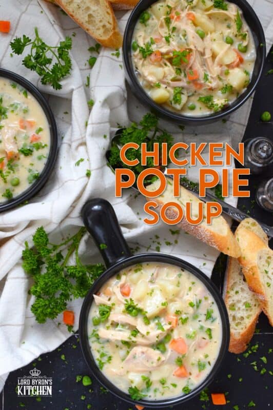Chicken Pot Pie Soup is the ultimate comfort food. It's so easy to prepare and it's tremendously delicious! Sauteed onions, peas, carrots, garlic, and baked potatoes are smothered in a homemade creamy soup base with a generous amount of shredded cooked chicken. Serve this soup on its own or with some good crusty bread! #chicken #rotisserie #potpie #soup