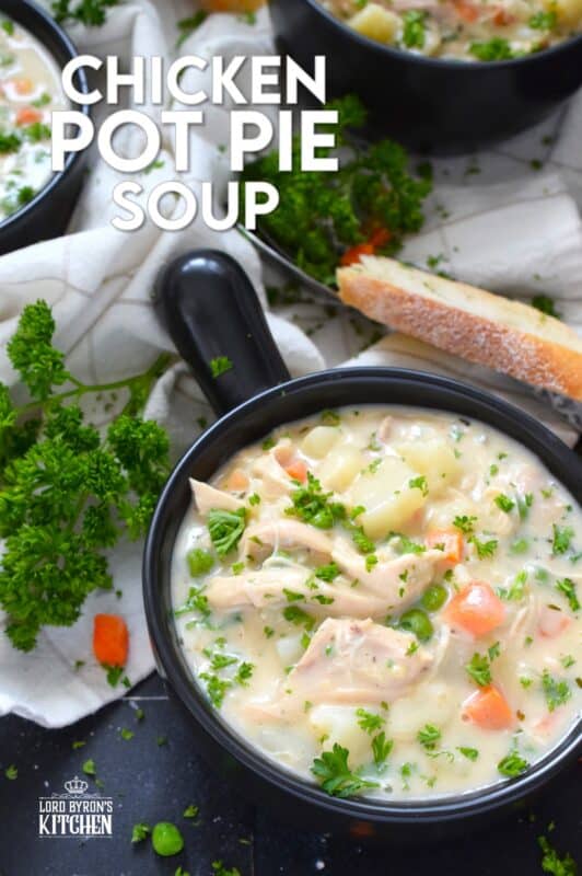 Chicken Pot Pie Soup is the ultimate comfort food. It's so easy to prepare and it's tremendously delicious! Sauteed onions, peas, carrots, garlic, and baked potatoes are smothered in a homemade creamy soup base with a generous amount of shredded cooked chicken. Serve this soup on its own or with some good crusty bread! #chicken #rotisserie #potpie #soup