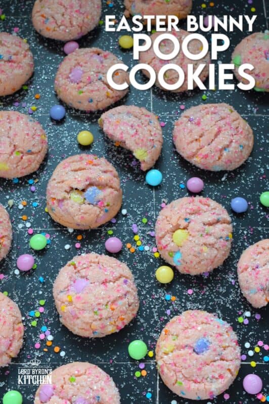 In my mind, the Easter Bunny snacks on the most delicious and the most colourful chocolates and candies all day long. Applying logic in this case to the saying that what goes in must come out, it is safe to assume that the Easter Bunny would have rainbow-inspired poop! These Easter Bunny Poop Cookies are my interpretation of the somewhat disturbing image created now in your mind. Happy Easter! #easter #bunny #cookies