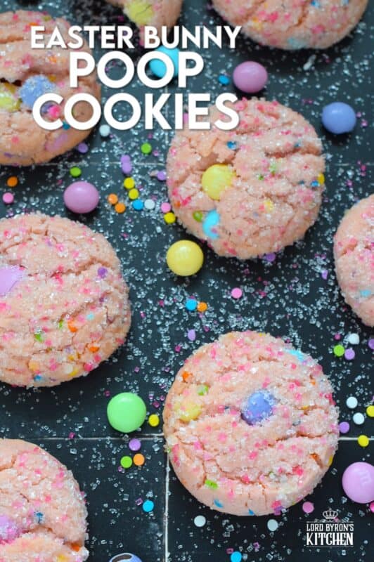 In my mind, the Easter Bunny snacks on the most delicious and the most colourful chocolates and candies all day long. Applying logic in this case to the saying that what goes in must come out, it is safe to assume that the Easter Bunny would have rainbow-inspired poop! These Easter Bunny Poop Cookies are my interpretation of the somewhat disturbing image created now in your mind. Happy Easter! #easter #bunny #cookies
