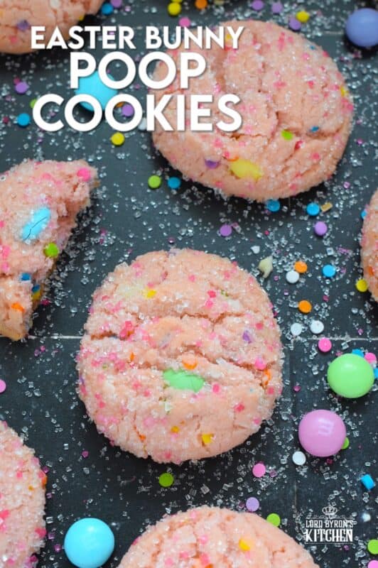 In my mind, the Easter Bunny snacks on the most delicious and the most colourful chocolates and candies all day long. Applying logic in this case to the saying that what goes in must come out, it is safe to assume that the Easter Bunny would have rainbow-inspired poop! These Easter Bunny Poop Cookies are my interpretation of the somewhat disturbing image created now in your mind. Happy Easter! #easter #bunny #cookies