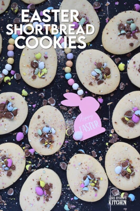 Easter Shortbread Cookies are prepared with a light and airy shortbread cookie base consisting of only three ingredients! The fourth and final ingredient is everyone's favourite Easter treat, crushed Cadbury Mini Eggs! These are so simple, so fast, and so easy to make! #minieggs #cadbury #easter #shortbread #cookies