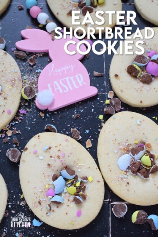 Easter Shortbread Cookies are prepared with a light and airy shortbread cookie base consisting of only three ingredients! The fourth and final ingredient is everyone's favourite Easter treat, crushed Cadbury Mini Eggs! These are so simple, so fast, and so easy to make! #minieggs #cadbury #easter #shortbread #cookies