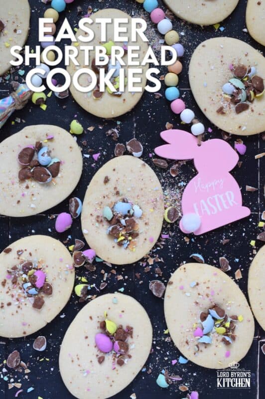 Easter Shortbread Cookies are prepared with a light and airy shortbread cookie base consisting of only three ingredients! The fourth and final ingredient is everyone's favourite Easter treat, crushed Cadbury Mini Eggs! These are so simple, so fast, and so easy to make! #minieggs #cadbury #easter #shortbread #cookies
