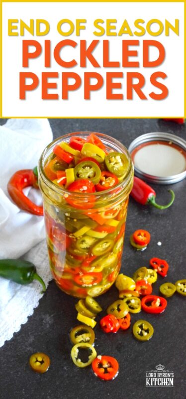 Sadly, summer does come to an end and with it, the last of your hot pepper harvest. When left with a bunch of hot peppers of mixed variety, prepare a big jar of these End of Season Pickled Peppers. No canning is required here! Fashioned with a quick pickle brine, these will keep safely in your refrigerator for two to three months! #pickled #hot #peppers #quick #brine #summer