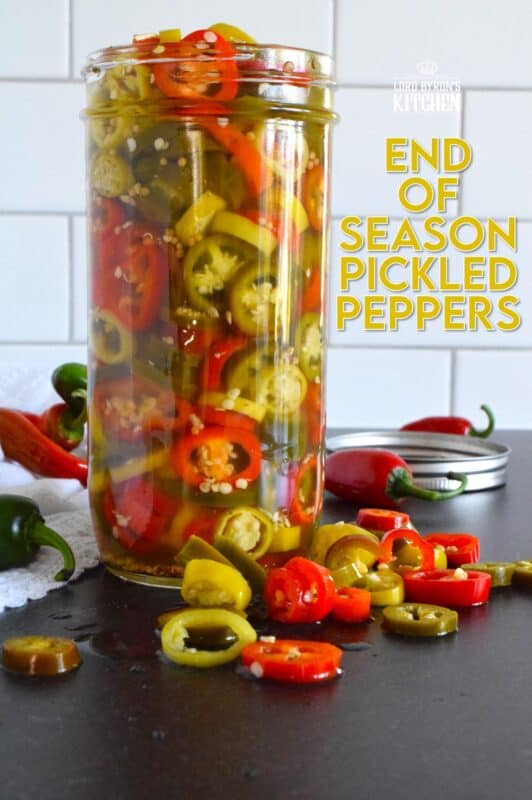 Sadly, summer does come to an end and with it, the last of your hot pepper harvest. When left with a bunch of hot peppers of mixed variety, prepare a big jar of these End of Season Pickled Peppers. No canning is required here! Fashioned with a quick pickle brine, these will keep safely in your refrigerator for two to three months! #pickled #hot #peppers #quick #brine #summer