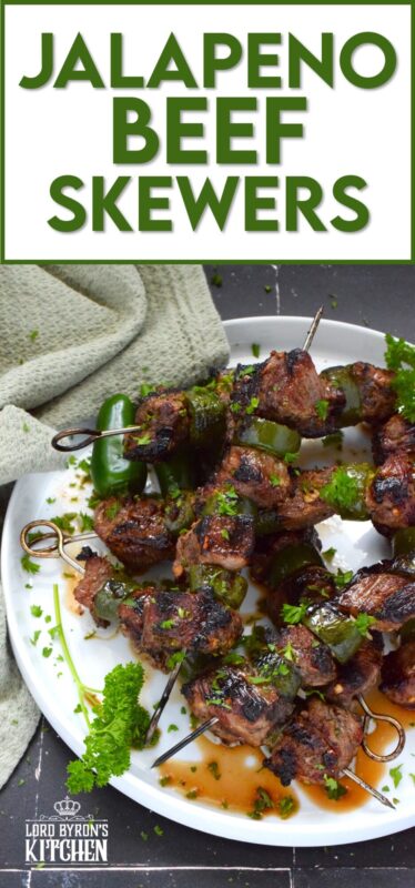 Marinated steak is skewered and grilled to perfection in this spicy Jalapeno Beef Skewers recipe. The marinade tenderizes the beef and the sliced jalapenos add flavour and spice. Quickly grilled over high heat, this beef is nicely browned and charred on the outside with a perfectly medium-cooked interior. #beef #steak #bbq #grilled #skewers #jalapeno