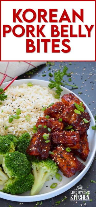 These bite-sized morsels of pork are so quick and easy to prepare! In less than 60 minutes, you can have these delicious Korean Pork Belly Bites on your dinner plate! Prepared with fresh garlic and ginger, and garnished with sliced green onions, expect an explosion of flavour here! #korean #gochujang #porkbelly #pork #oven #asian #sauce