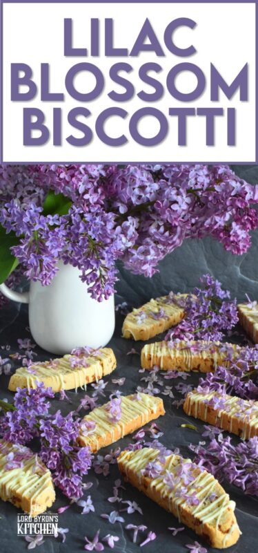 These biscotti are loaded with lilac flavour and scent.  Lilac petals are incorporated into the biscotti dough which has been sweetened with homemade lilac sugar.  Glazed and topped with more lilacs, these Lilac Blossom Biscotti are light, airy, and delicious! Super easy to make, and with their cheerful inclination, no one could resist! Treat yourself to one of these with a hot tea on a lazy Sunday afternoon. #lilac #biscotti #flowers #petals #brunch