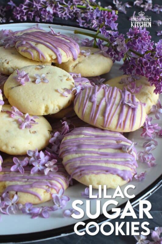 The uncomplicated and delicious sugar cookie gets a fresh, new flavour profile, and an upgrade in this Lilac Sugar Cookies recipe. A classic sugar cookie base is baked with lilac infused sugar, lilac syrup, and lilac petals. Topped with a simple glaze and sprinkled with more lilac flowers, these cookies are a great early summer treat! #lilac #sugar #cookies #baking #flowers #petals #syrup