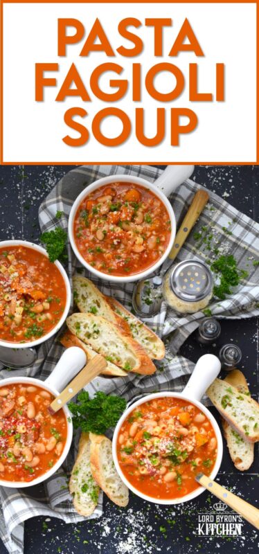 One of the most warming and cozy soups, Pasta Fagioli Soup is prepared with canned cannellini beans, canned tomato sauce, store-bought vegetable stock, dried herbs and seasonings, and a box of pasta. Needless to say, most of the ingredients just might be in your pantry already! About 30 minutes from start to finish is all you need! #soup #pasta #fagioli #vegetarian #beans