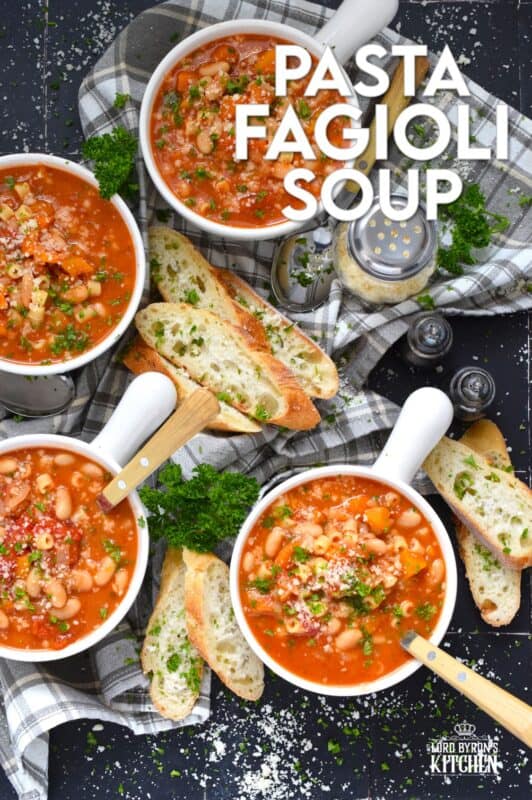One of the most warming and cozy soups, Pasta Fagioli Soup is prepared with canned cannellini beans, canned tomato sauce, store-bought vegetable stock, dried herbs and seasonings, and a box of pasta. Needless to say, most of the ingredients just might be in your pantry already! About 30 minutes from start to finish is all you need! #soup #pasta #fagioli #vegetarian #beans