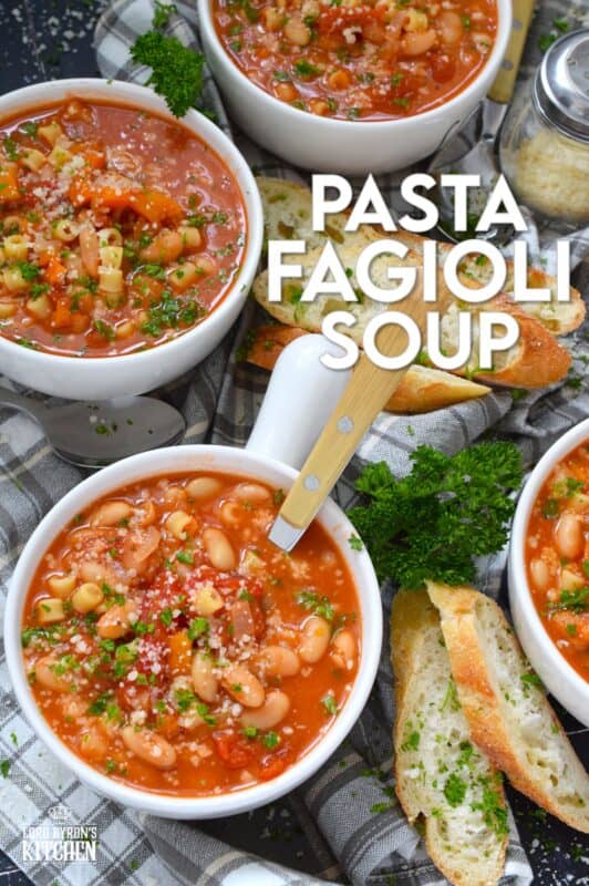 One of the most warming and cozy soups, Pasta Fagioli Soup is prepared with canned cannellini beans, canned tomato sauce, store-bought vegetable stock, dried herbs and seasonings, and a box of pasta. Needless to say, most of the ingredients just might be in your pantry already! About 30 minutes from start to finish is all you need! #soup #pasta #fagioli #vegetarian #beans