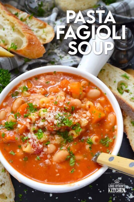 One of the most warming and cozy soups, Pasta Fagioli Soup is prepared with canned cannellini beans, canned tomato sauce, store-bought vegetable stock, dried herbs and seasonings, and a box of pasta. Needless to say, most of the ingredients just might be in your pantry already! About 30 minutes from start to finish is all you need! #soup #pasta #fagioli #vegetarian #beans