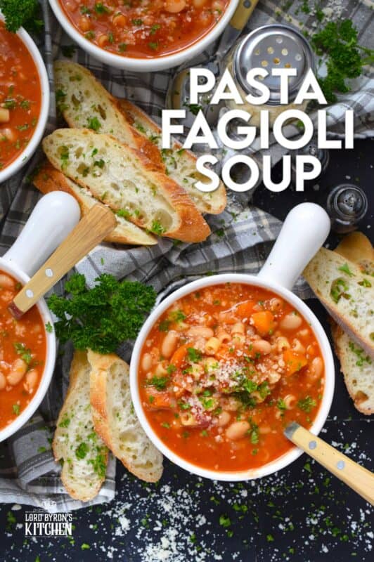 One of the most warming and cozy soups, Pasta Fagioli Soup is prepared with canned cannellini beans, canned tomato sauce, store-bought vegetable stock, dried herbs and seasonings, and a box of pasta. Needless to say, most of the ingredients just might be in your pantry already! About 30 minutes from start to finish is all you need! #soup #pasta #fagioli #vegetarian #beans