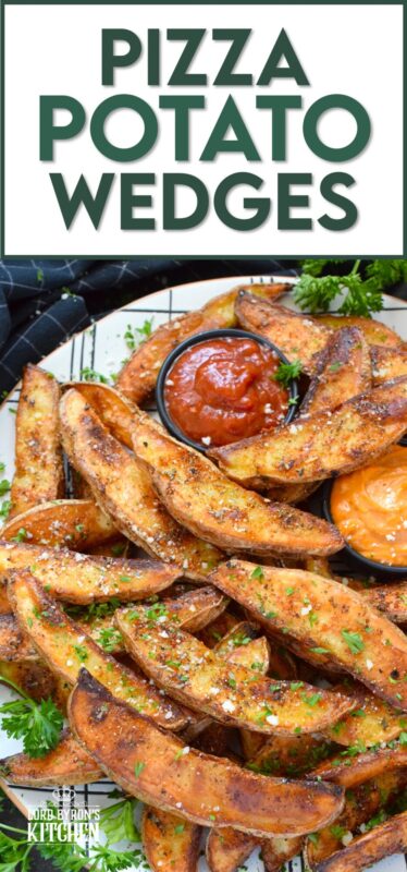 Baked with a light, pillowy center and a crispy crust, Pizza Potato Wedges are seasoned and flavoured with oregano, basil, garlic, onion, and parmesan, making them the perfect pairing with homemade pizza and chicken wings too! #pizza #potato #wedges #sides #seasoned