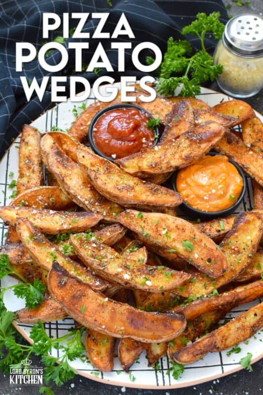 Baked with a light, pillowy center and a crispy crust, Pizza Potato Wedges are seasoned and flavoured with oregano, basil, garlic, onion, and parmesan, making them the perfect pairing with homemade pizza and chicken wings too! #pizza #potato #wedges #sides #seasoned