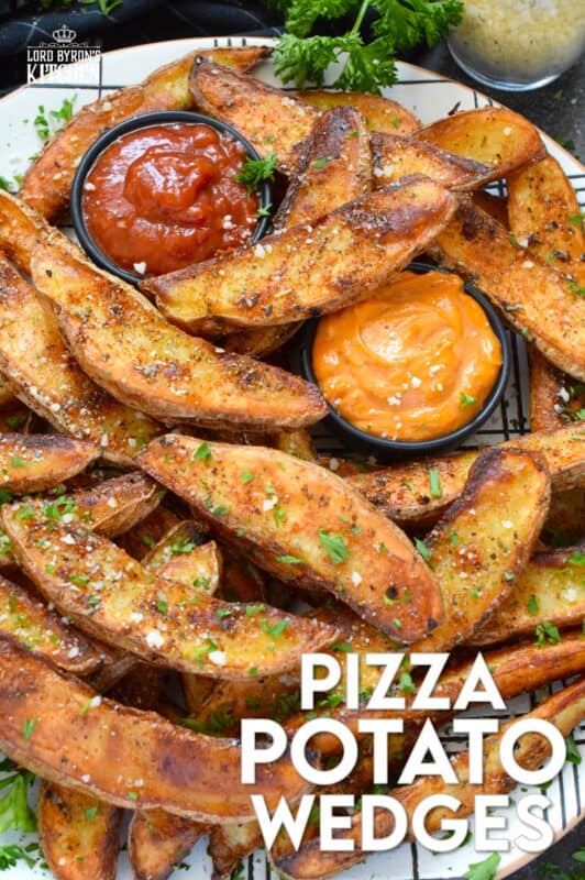 Baked with a light, pillowy center and a crispy crust, Pizza Potato Wedges are seasoned and flavoured with oregano, basil, garlic, onion, and parmesan, making them the perfect pairing with homemade pizza and chicken wings too! #pizza #potato #wedges #sides #seasoned