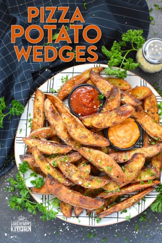 Baked with a light, pillowy center and a crispy crust, Pizza Potato Wedges are seasoned and flavoured with oregano, basil, garlic, onion, and parmesan, making them the perfect pairing with homemade pizza and chicken wings too! #pizza #potato #wedges #sides #seasoned