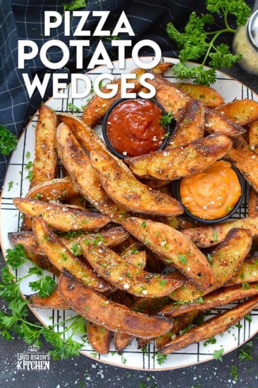 Baked with a light, pillowy center and a crispy crust, Pizza Potato Wedges are seasoned and flavoured with oregano, basil, garlic, onion, and parmesan, making them the perfect pairing with homemade pizza and chicken wings too! #pizza #potato #wedges #sides #seasoned