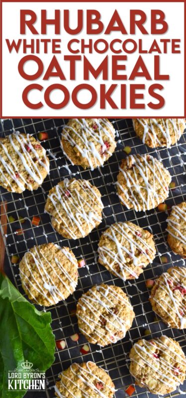 Rhubarb White Chocolate Oatmeal Cookies are both sweet and tart and completely indulgent too! The flavour combination is created by pairing tart rhubarb with oats, sugar, white chocolate chips, and vanilla pudding mix! These cookies are massively large, soft, chewy, and delicious! #rhubarb #oatmeal #cookies #jumbo