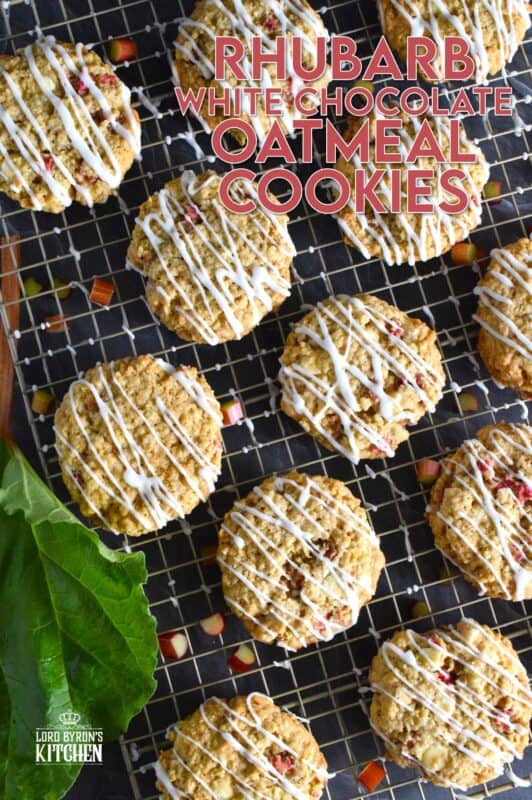 Rhubarb White Chocolate Oatmeal Cookies are both sweet and tart and completely indulgent too! The flavour combination is created by pairing tart rhubarb with oats, sugar, white chocolate chips, and vanilla pudding mix! These cookies are massively large, soft, chewy, and delicious! #rhubarb #oatmeal #cookies #jumbo