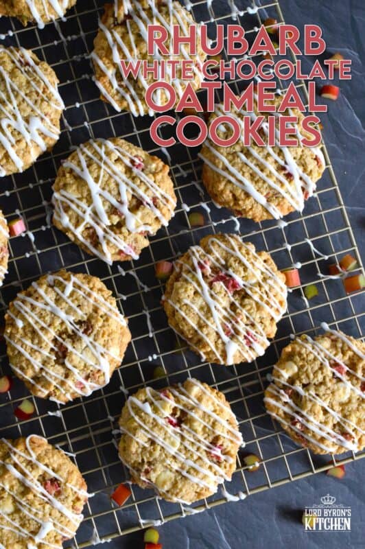 Rhubarb White Chocolate Oatmeal Cookies are both sweet and tart and completely indulgent too! The flavour combination is created by pairing tart rhubarb with oats, sugar, white chocolate chips, and vanilla pudding mix! These cookies are massively large, soft, chewy, and delicious! #rhubarb #oatmeal #cookies #jumbo