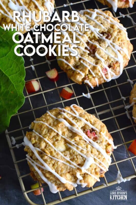 Rhubarb White Chocolate Oatmeal Cookies are both sweet and tart and completely indulgent too! The flavour combination is created by pairing tart rhubarb with oats, sugar, white chocolate chips, and vanilla pudding mix! These cookies are massively large, soft, chewy, and delicious! #rhubarb #oatmeal #cookies #jumbo